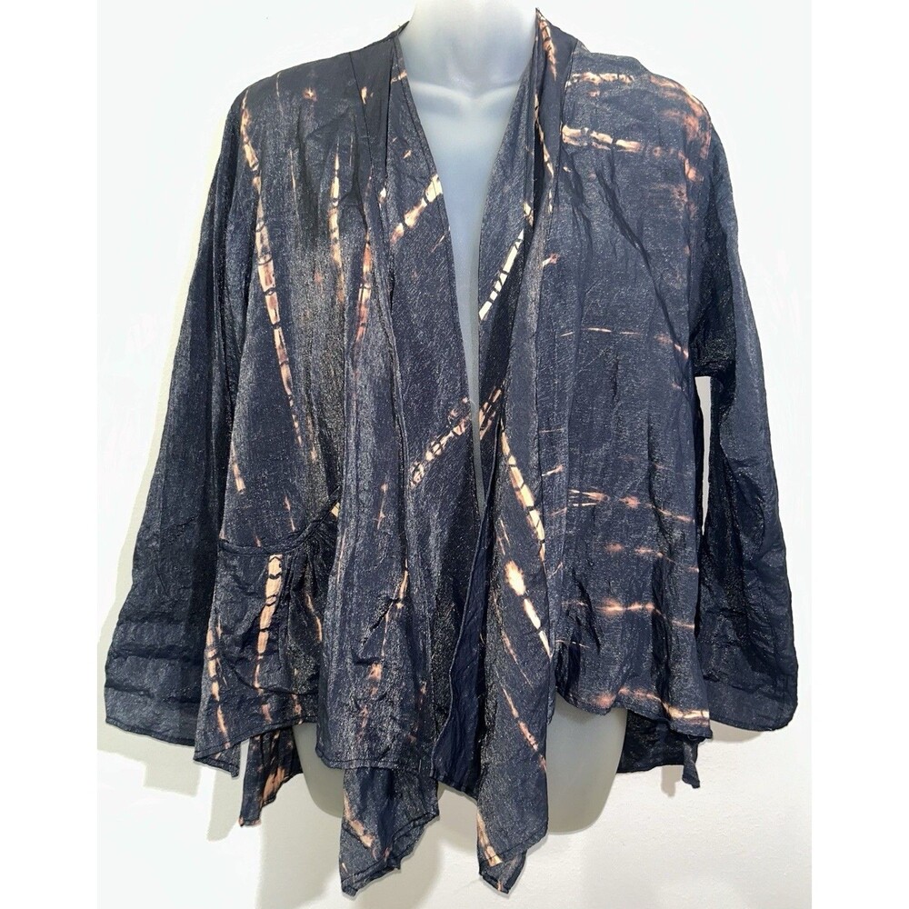 HARUBELLA Jacket - Artsy Hand Made Black Metallic Tie Dyed Open Style, Small